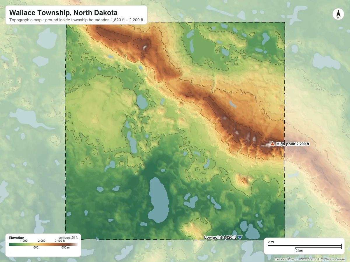 Topographic elevation map of Wallace Township, North Dakota, shaded from 1,820 ft on the southeast side to 2,200 ft on the east side