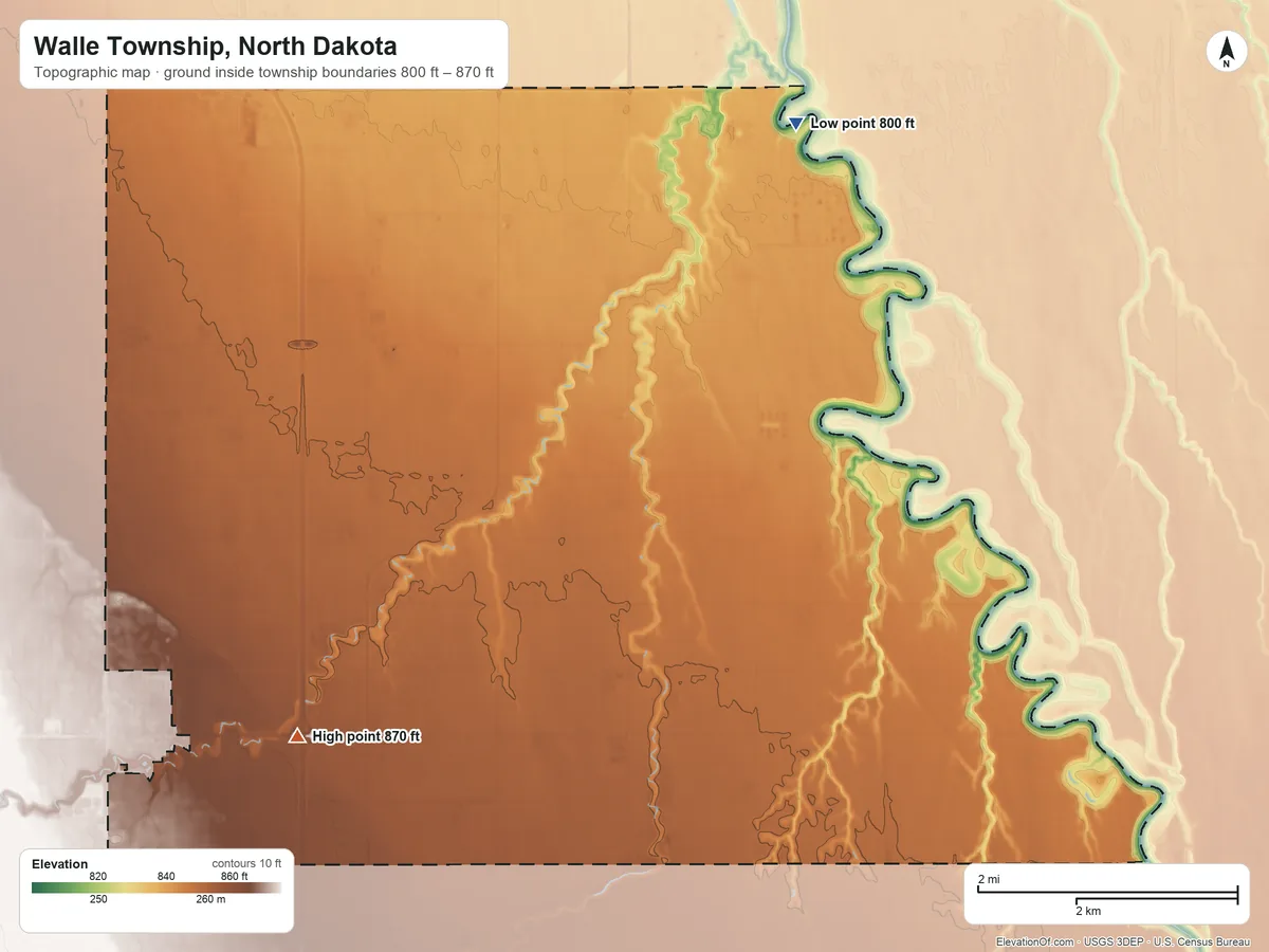 Topographic elevation map of Walle Township, North Dakota, shaded from 800 ft on the northeast side to 870 ft on the southwest side