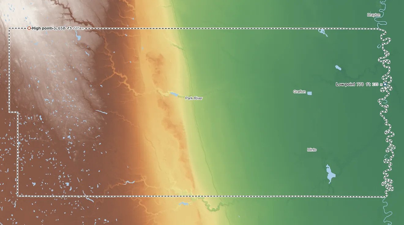 Topographic elevation map of Walsh County, North Dakota, shaded from 770 ft on the east side to 1,650 ft on the northwest side