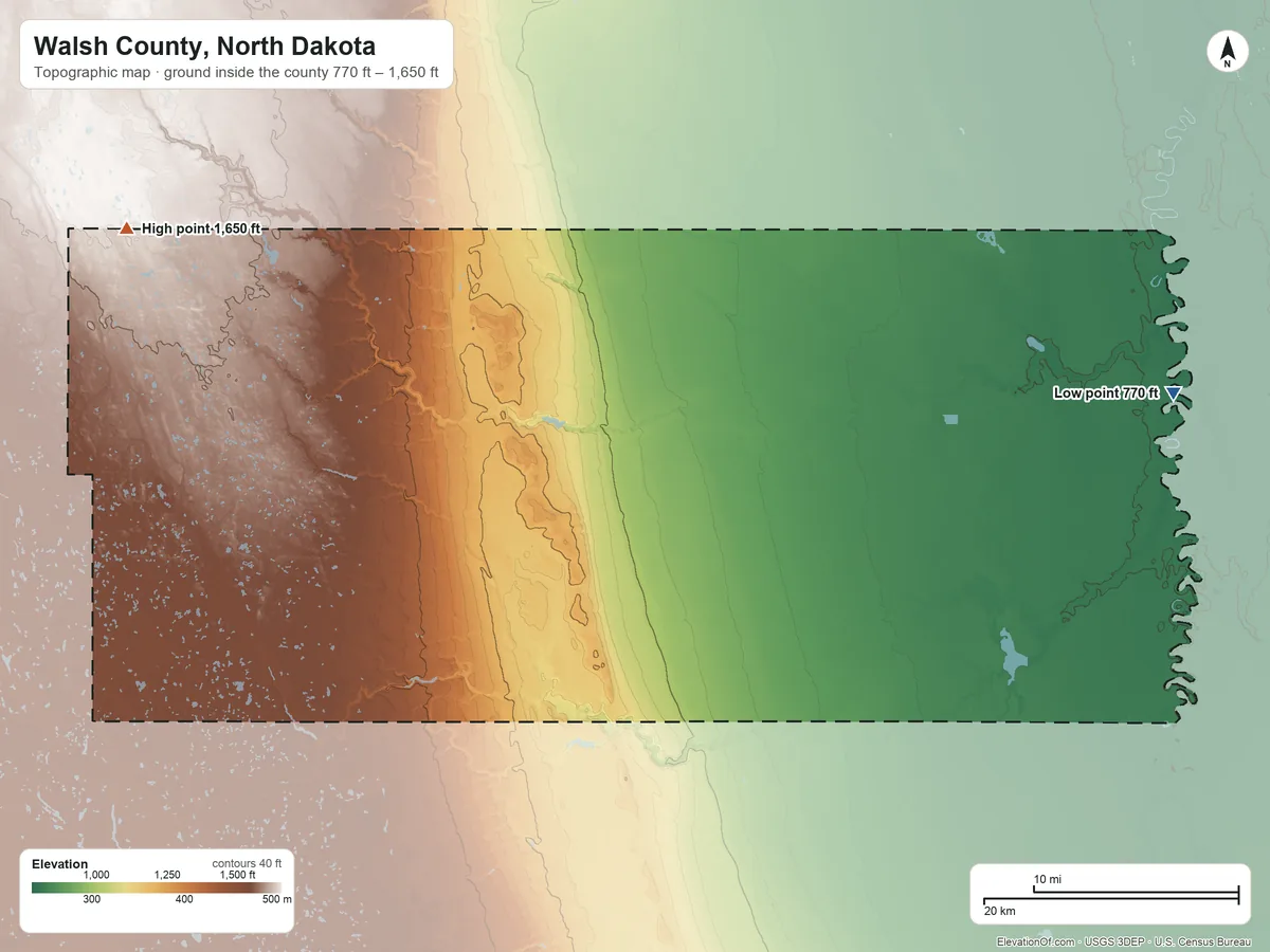 Topographic elevation map of Walsh County, North Dakota, shaded from 770 ft on the east side to 1,650 ft on the northwest side