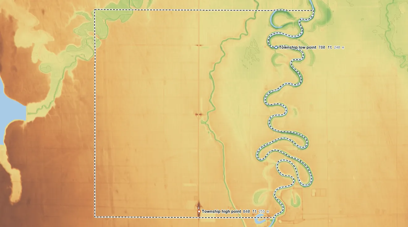 Topographic elevation map of Walshville Township, North Dakota, shaded from 780 ft on the northeast side to 840 ft on the south side