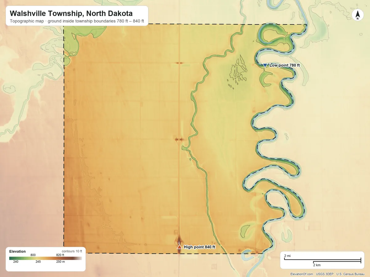 Topographic elevation map of Walshville Township, North Dakota, shaded from 780 ft on the northeast side to 840 ft on the south side