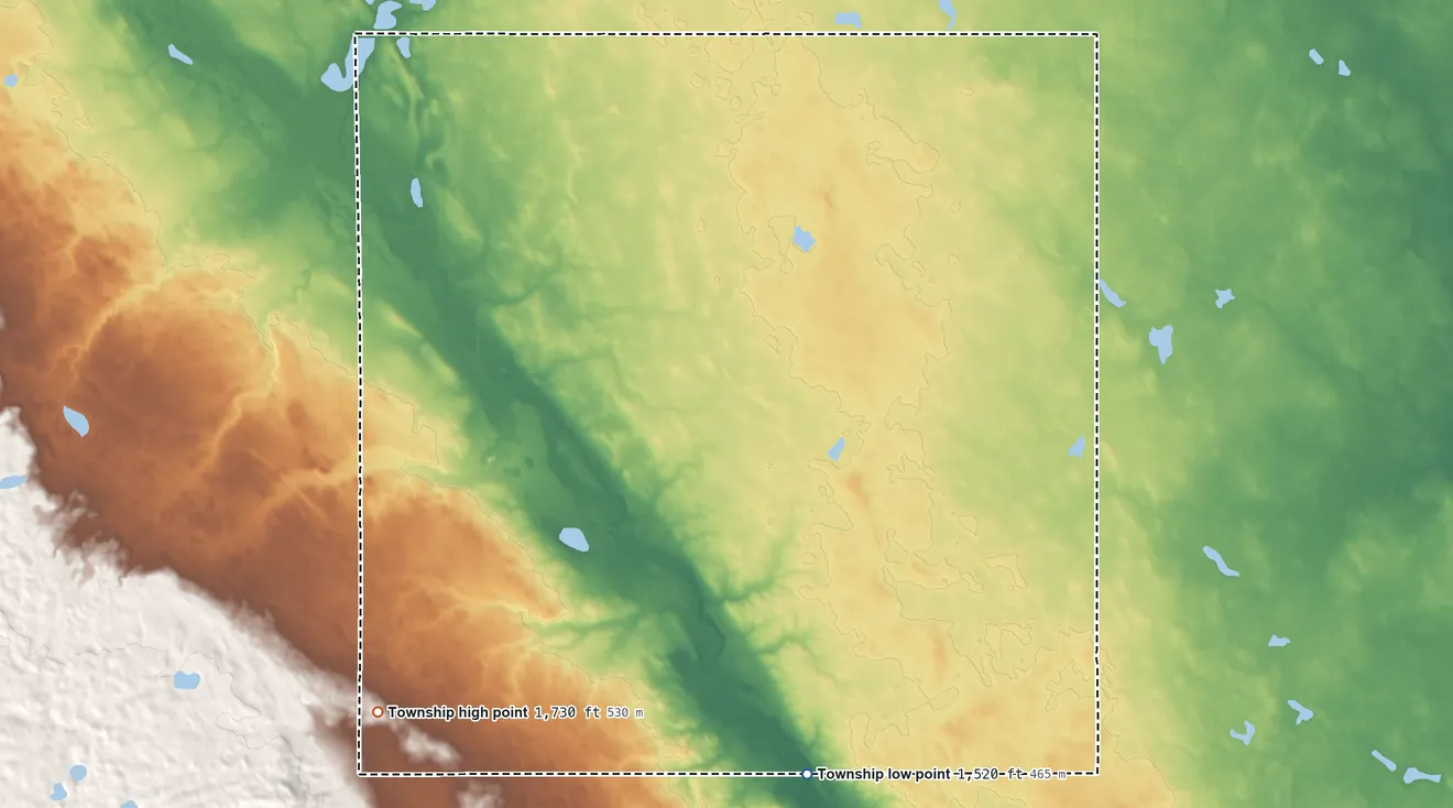 Topographic elevation map of Walters Township, North Dakota, shaded from 1,520 ft on the southeast side to 1,730 ft on the southwest side