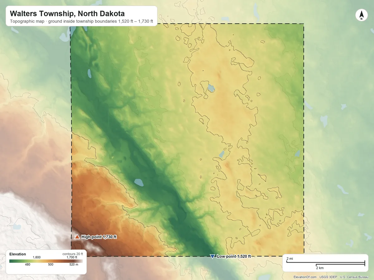 Topographic elevation map of Walters Township, North Dakota, shaded from 1,520 ft on the southeast side to 1,730 ft on the southwest side