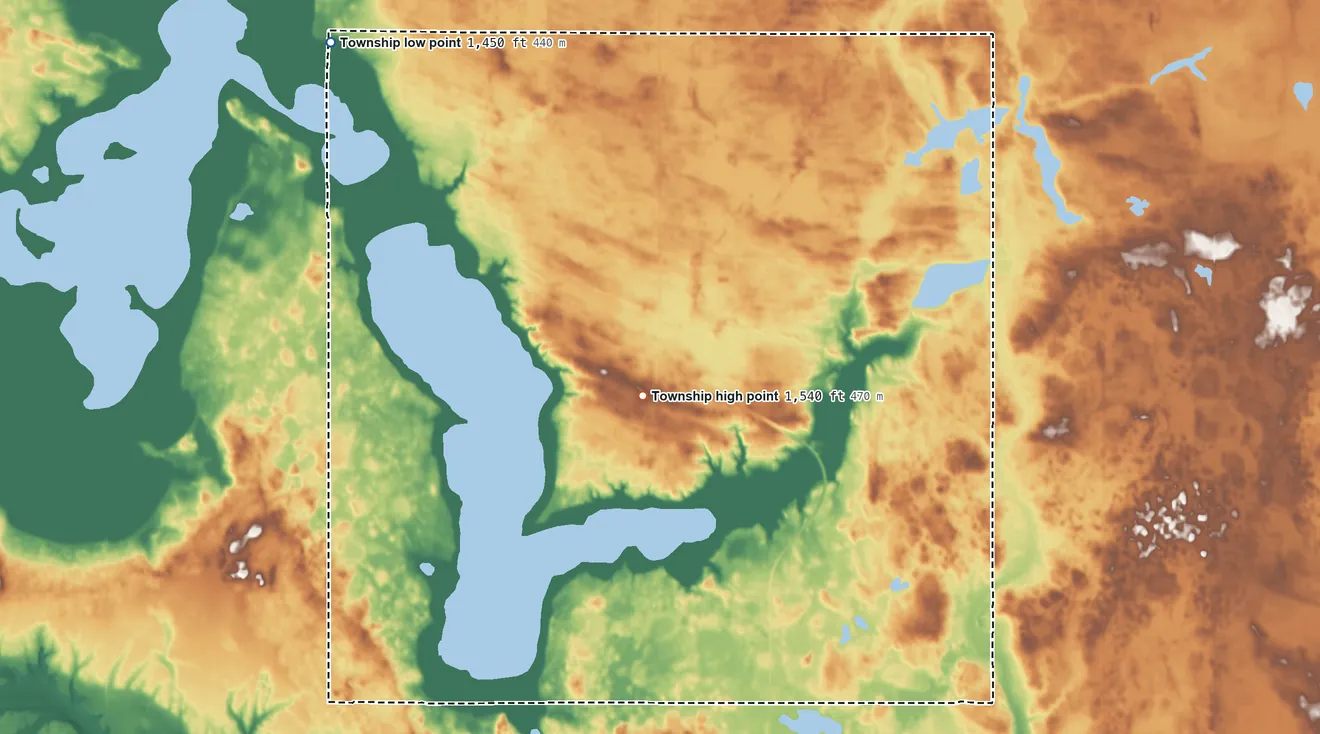 Topographic elevation map of Wamduska Township, North Dakota, shaded from 1,450 ft on the northwest side to 1,540 ft on the southwest side