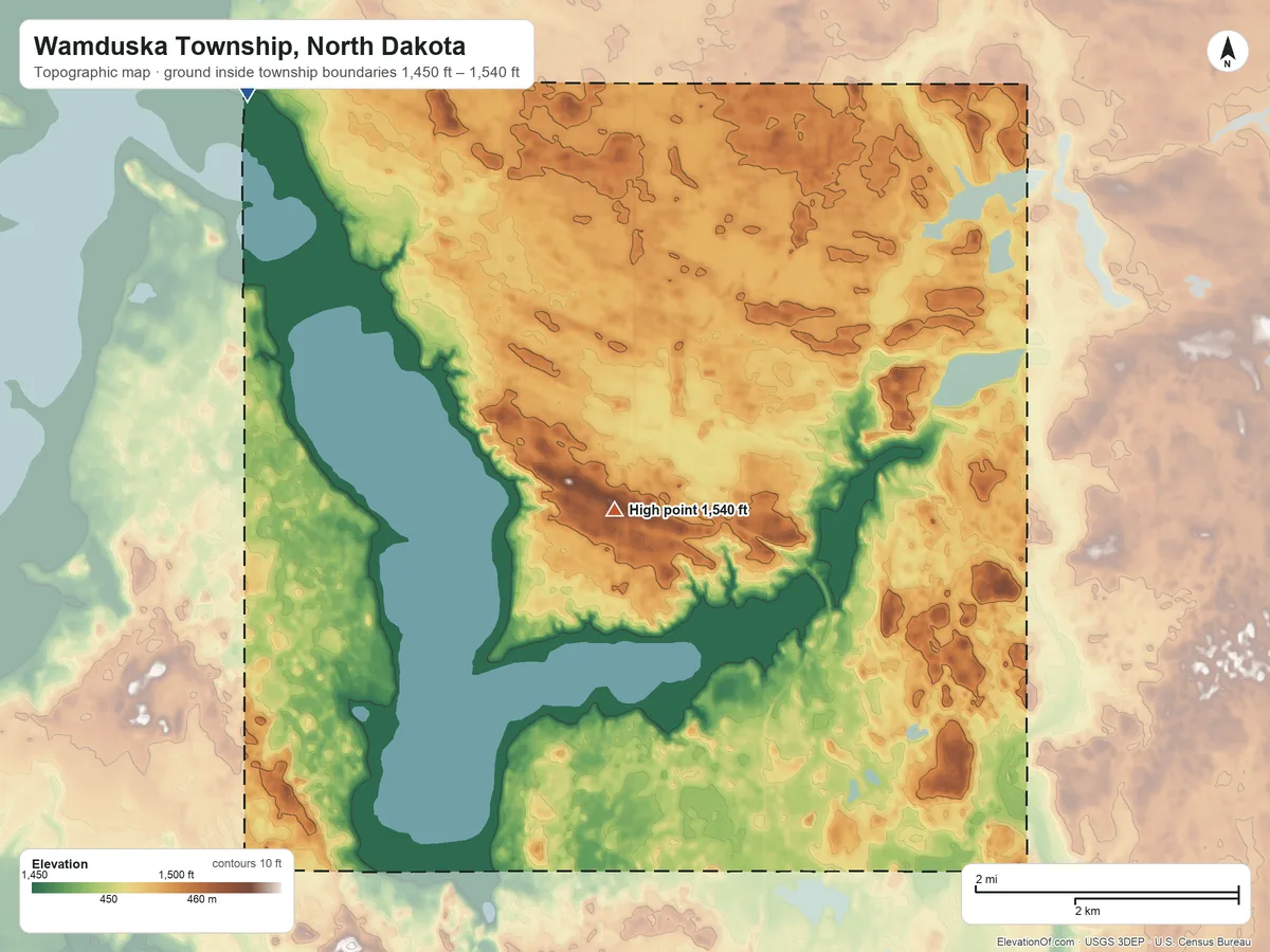 Topographic elevation map of Wamduska Township, North Dakota, shaded from 1,450 ft on the northwest side to 1,540 ft on the southwest side