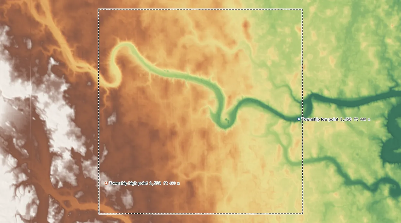 Topographic elevation map of Wano Township, North Dakota, shaded from 1,450 ft on the east side to 1,550 ft on the southwest side