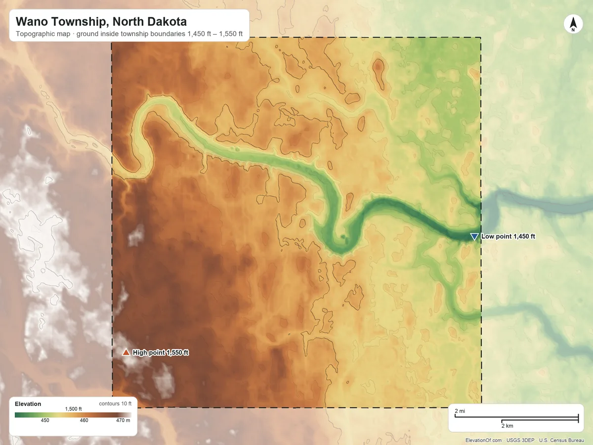 Topographic elevation map of Wano Township, North Dakota, shaded from 1,450 ft on the east side to 1,550 ft on the southwest side