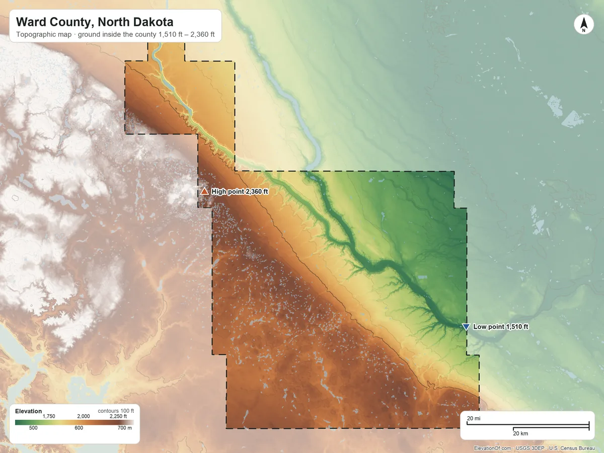 Topographic elevation map of Ward County, North Dakota, shaded from 1,510 ft on the southeast side to 2,360 ft on the west side