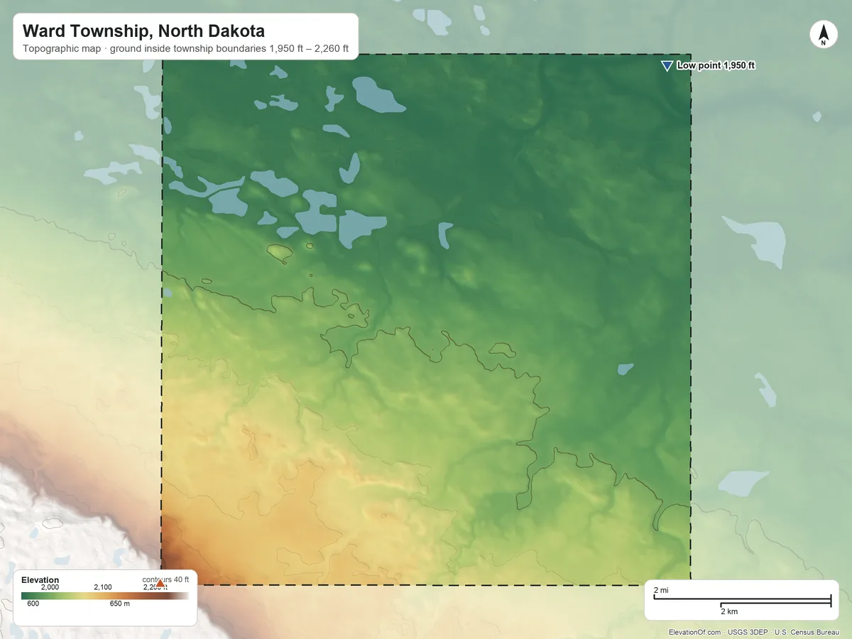 Topographic elevation map of Ward Township, North Dakota, shaded from 1,950 ft on the northeast side to 2,260 ft on the southwest side