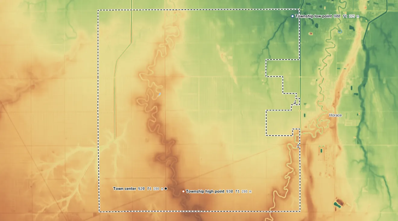 Topographic elevation map of Warren Township, North Dakota, shaded from 900 ft on the northeast side to 930 ft near the middle