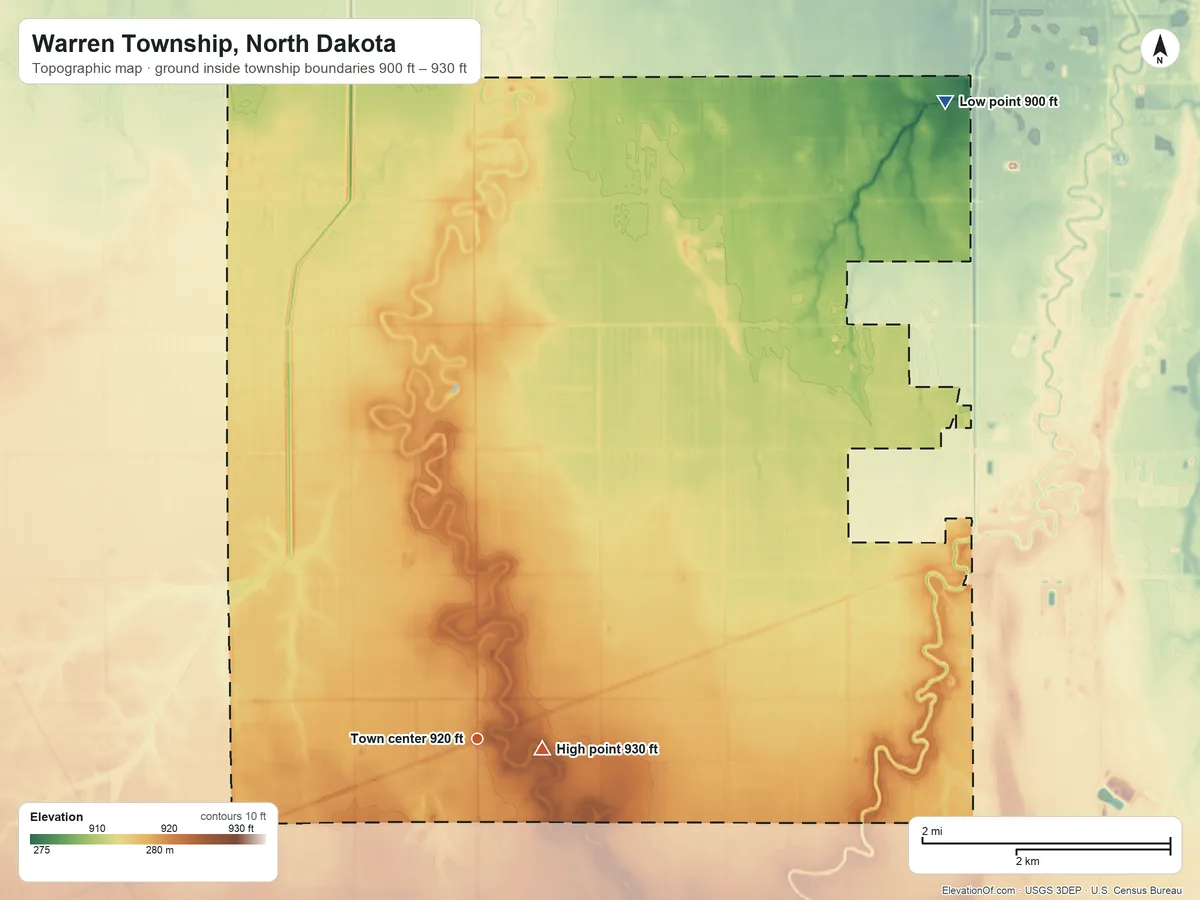 Topographic elevation map of Warren Township, North Dakota, shaded from 900 ft on the northeast side to 930 ft near the middle