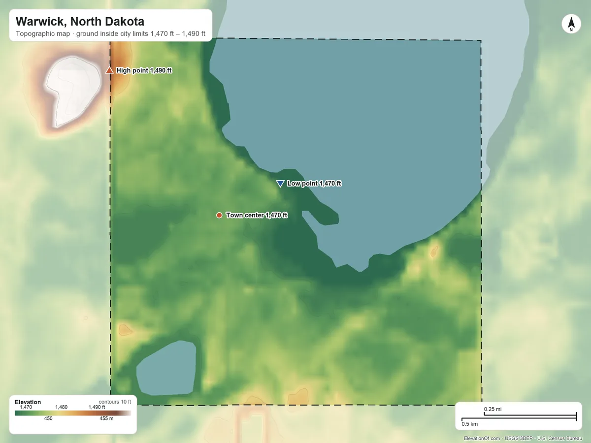 Topographic elevation map of Warwick, North Dakota, shaded from 1,470 ft on the northeast side to 1,490 ft on the northwest side
