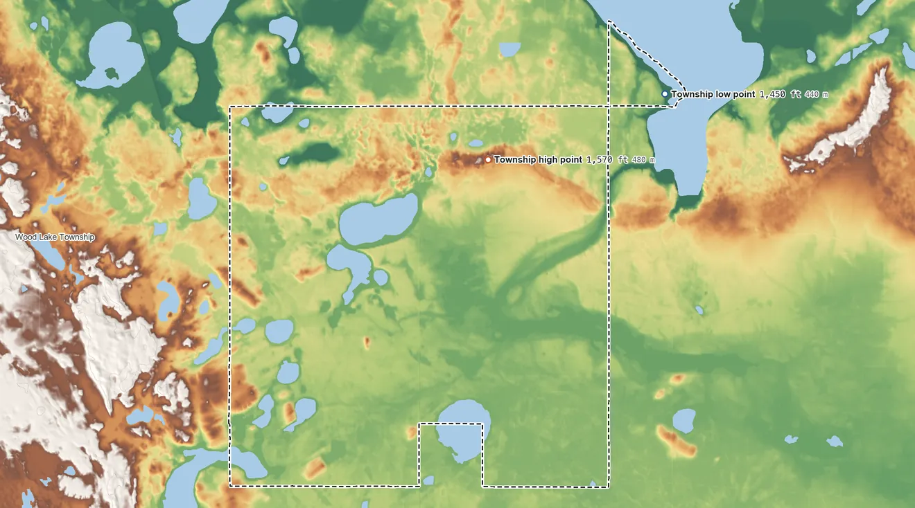 Topographic elevation map of Warwick Township, North Dakota, shaded from 1,450 ft on the east side to 1,570 ft on the east side