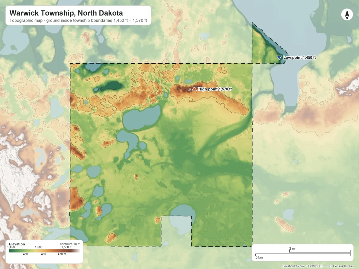 Topographic elevation map of Warwick Township, North Dakota, shaded from 1,450 ft on the east side to 1,570 ft on the east side