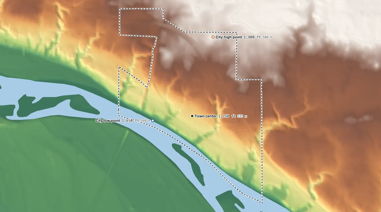 Topographic elevation map of Washburn, North Dakota, shaded from 1,650 ft on the west side to 1,900 ft on the north side