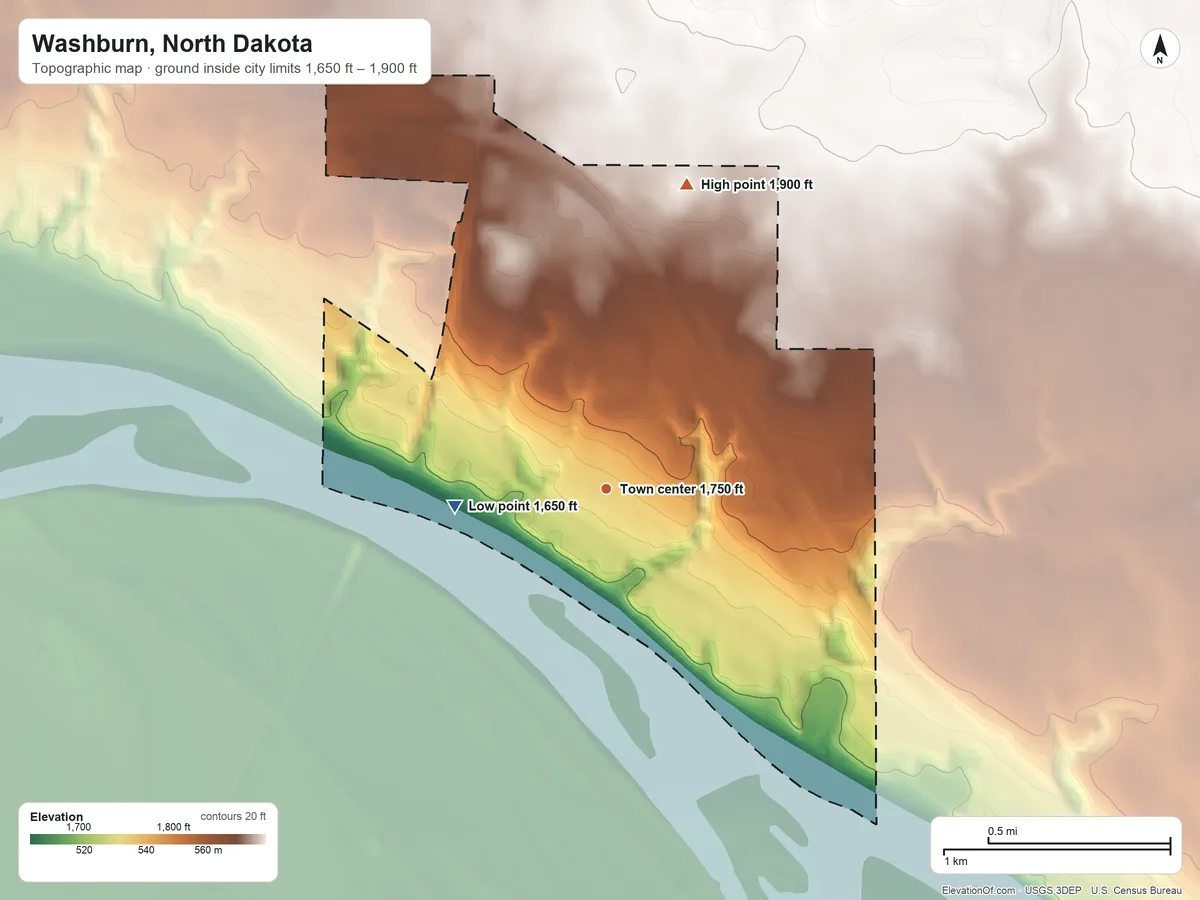 Topographic elevation map of Washburn, North Dakota, shaded from 1,650 ft on the west side to 1,900 ft on the north side