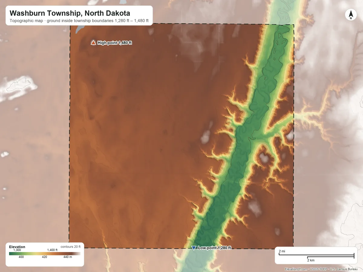 Topographic elevation map of Washburn Township, North Dakota, shaded from 1,280 ft on the south side to 1,480 ft on the northwest side