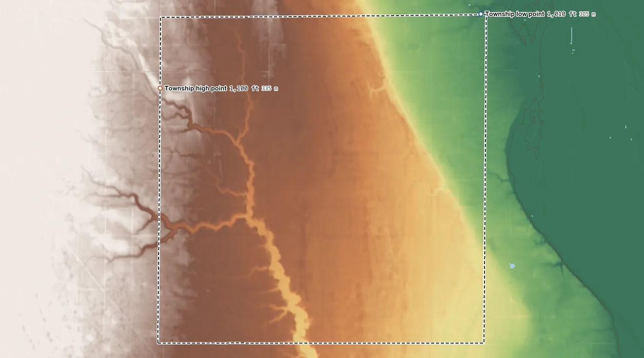 Topographic elevation map of Washington Township, North Dakota, shaded from 1,010 ft on the northeast side to 1,100 ft on the northwest side
