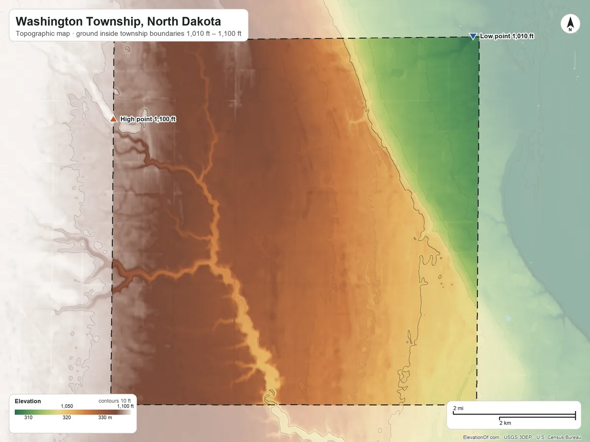 Topographic elevation map of Washington Township, North Dakota, shaded from 1,010 ft on the northeast side to 1,100 ft on the northwest side