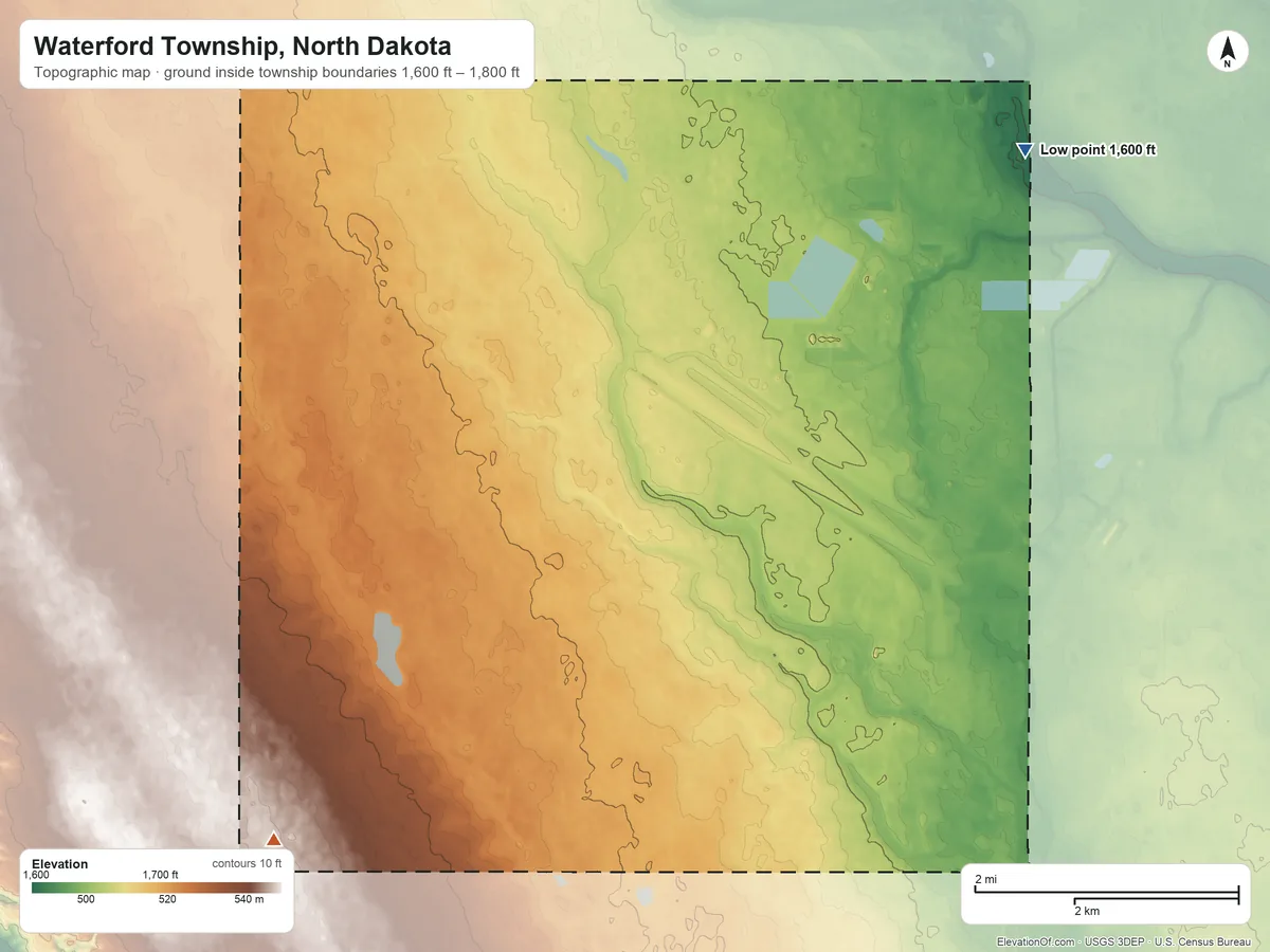Topographic elevation map of Waterford Township, North Dakota, shaded from 1,600 ft on the north side to 1,800 ft on the southwest side