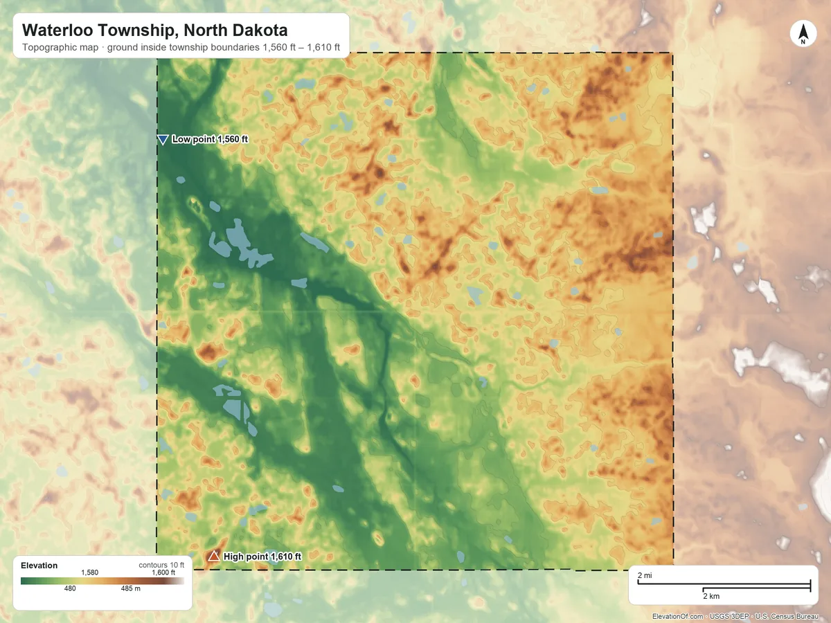 Topographic elevation map of Waterloo Township, North Dakota, shaded from 1,560 ft on the northwest side to 1,610 ft on the southwest side