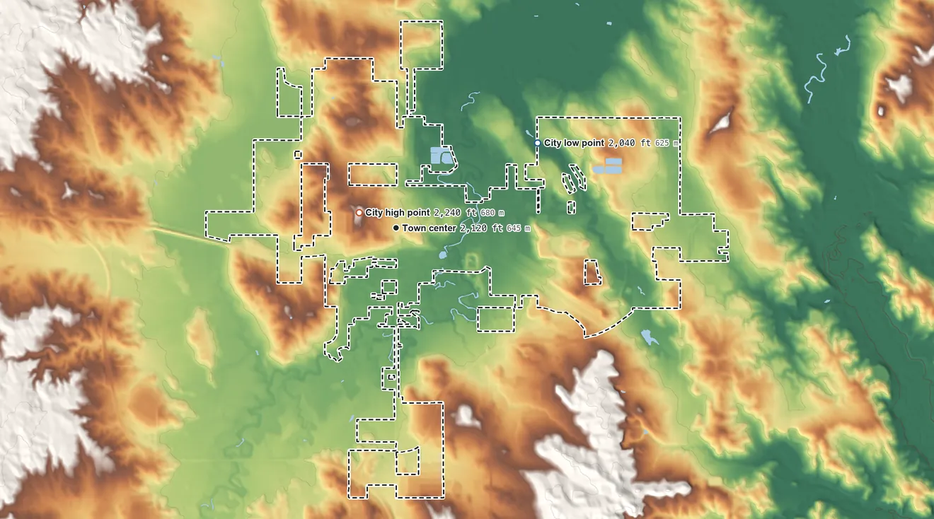 Topographic elevation map of Watford City, North Dakota, shaded from 2,040 ft on the northeast side to 2,240 ft near the middle