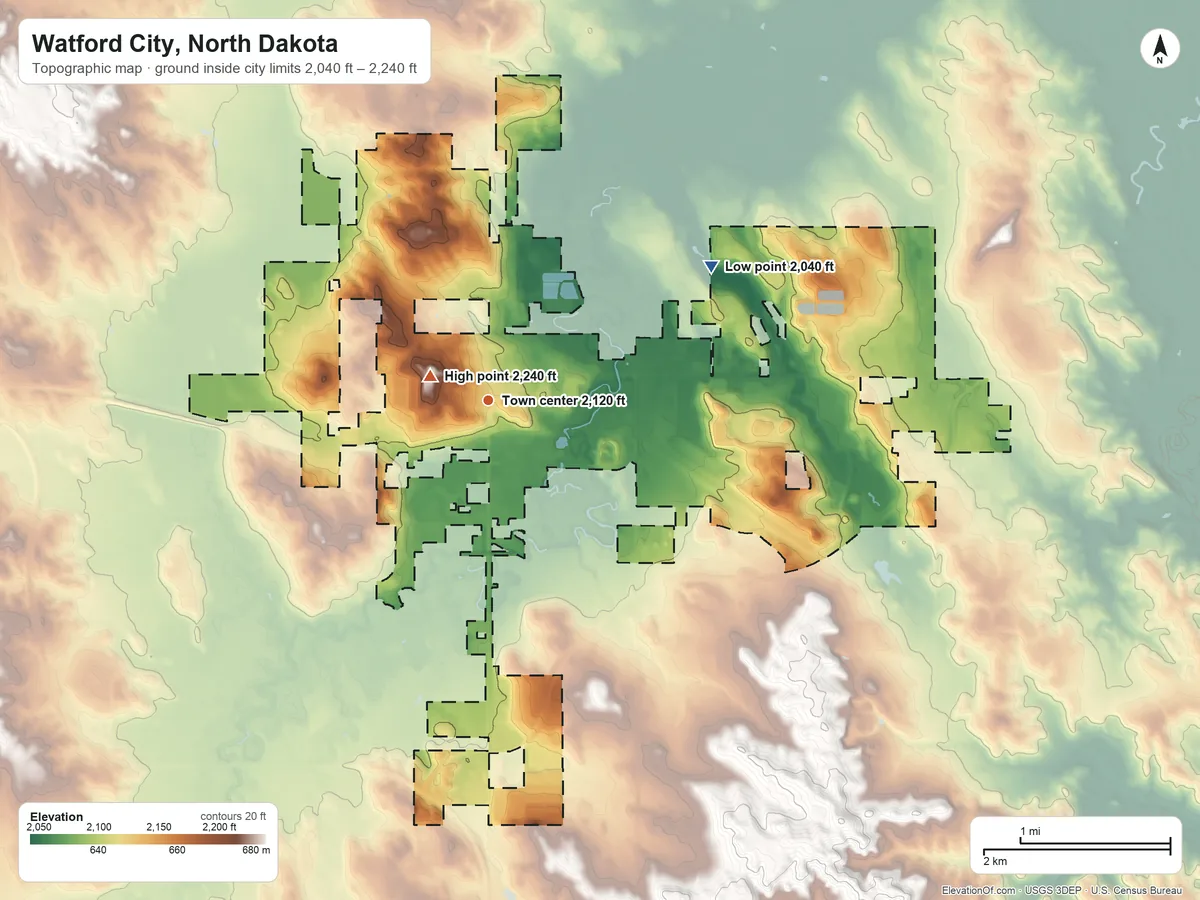 Topographic elevation map of Watford City, North Dakota, shaded from 2,040 ft on the northeast side to 2,240 ft near the middle