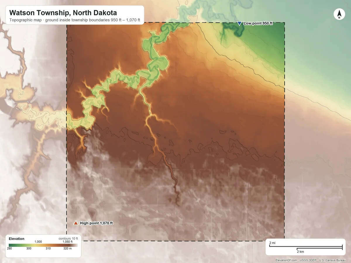 Topographic elevation map of Watson Township, North Dakota, shaded from 950 ft on the northeast side to 1,070 ft on the southwest side
