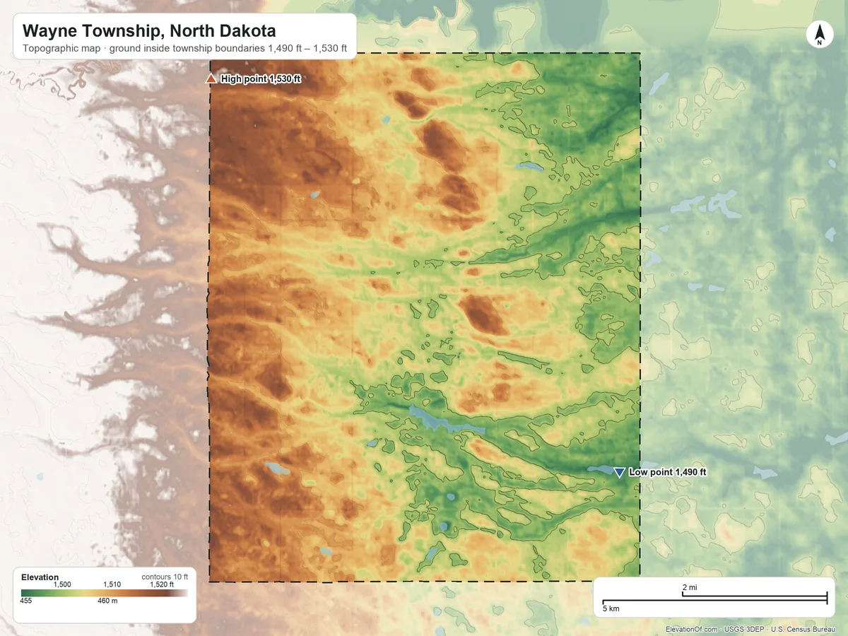 Topographic elevation map of Wayne Township, North Dakota, shaded from 1,490 ft on the southeast side to 1,530 ft on the northwest side
