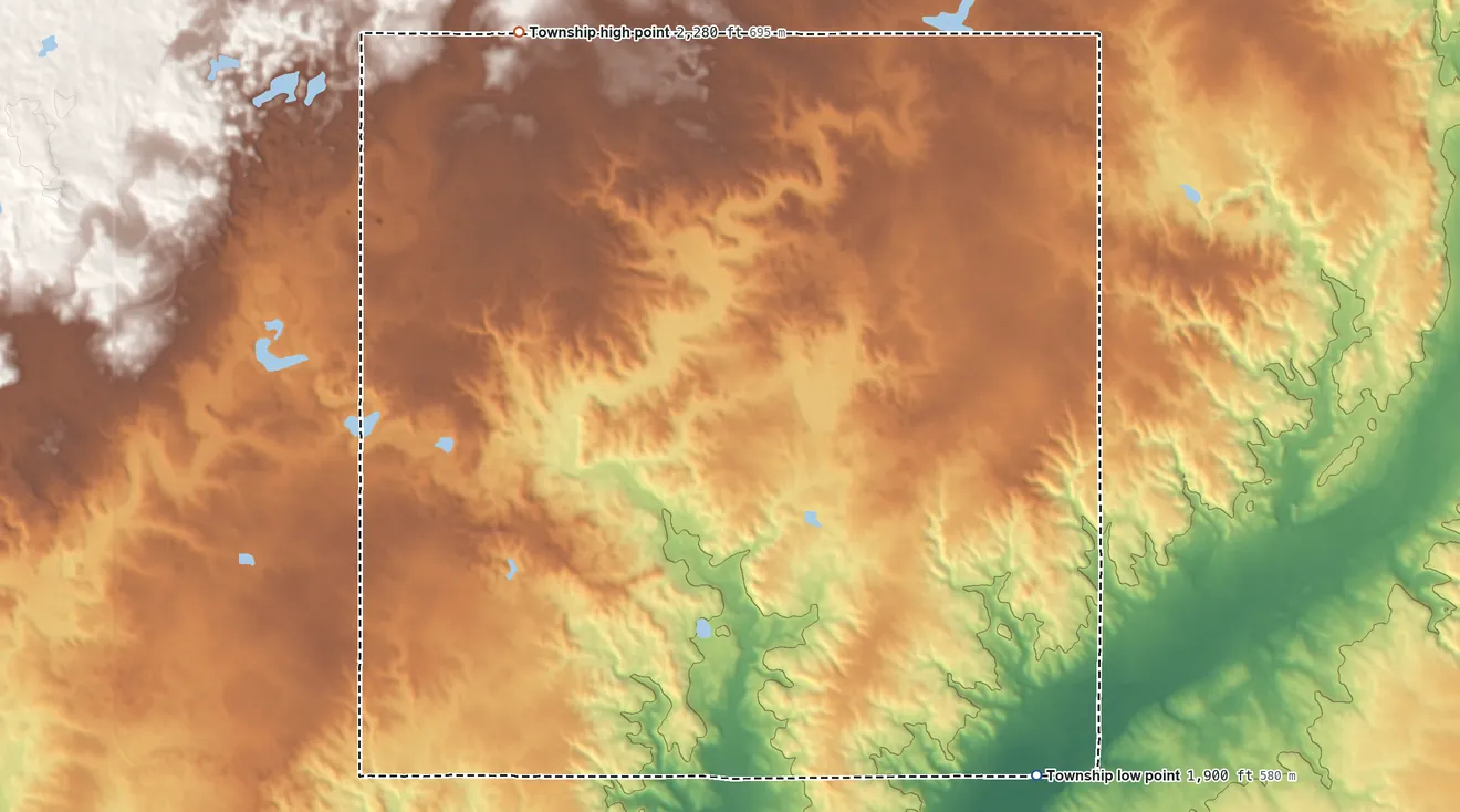 Topographic elevation map of Wayzetta Township, North Dakota, shaded from 1,900 ft on the southeast side to 2,280 ft on the north side