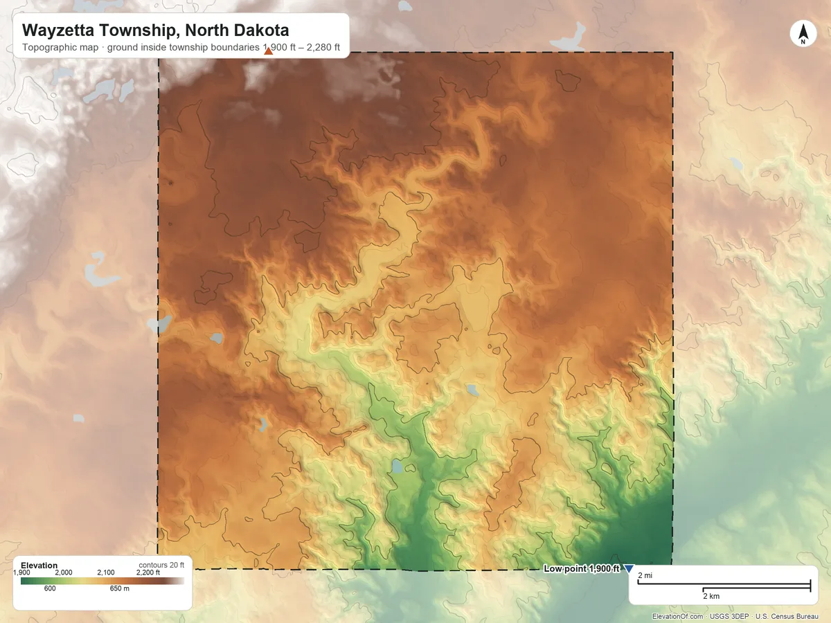 Topographic elevation map of Wayzetta Township, North Dakota, shaded from 1,900 ft on the southeast side to 2,280 ft on the north side