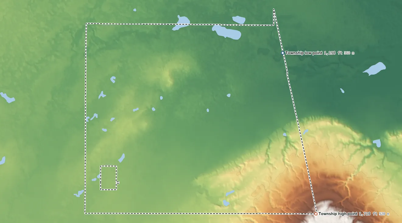 Topographic elevation map of Weber Township, North Dakota, shaded from 1,190 ft on the northeast side to 1,710 ft on the east side