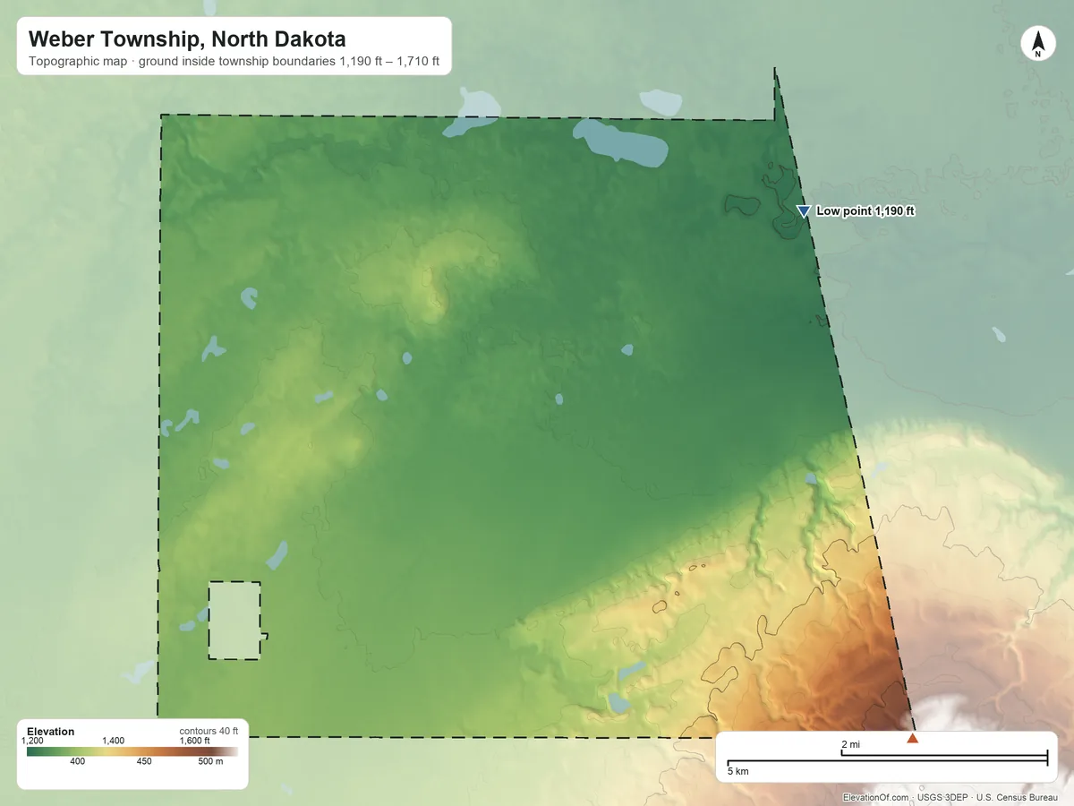 Topographic elevation map of Weber Township, North Dakota, shaded from 1,190 ft on the northeast side to 1,710 ft on the east side