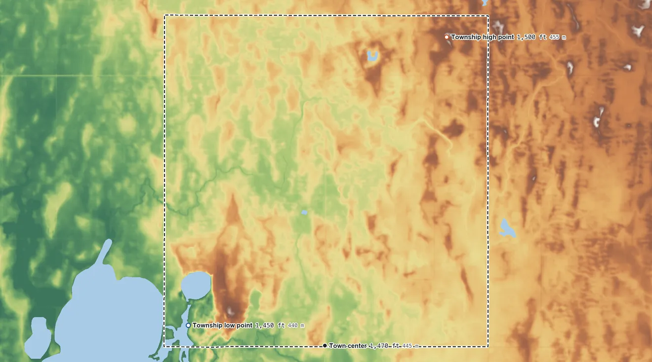 Topographic elevation map of Webster Township, North Dakota, shaded from 1,450 ft on the west side to 1,500 ft on the north side