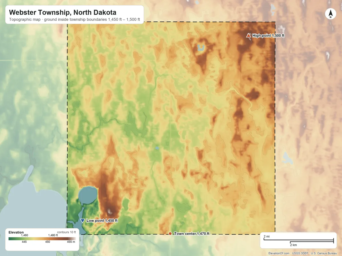 Topographic elevation map of Webster Township, North Dakota, shaded from 1,450 ft on the west side to 1,500 ft on the north side