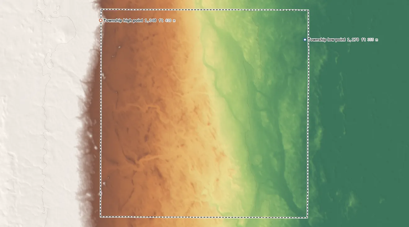 Topographic elevation map of Weimer Township, North Dakota, shaded from 1,170 ft on the northeast side to 1,340 ft on the northwest side
