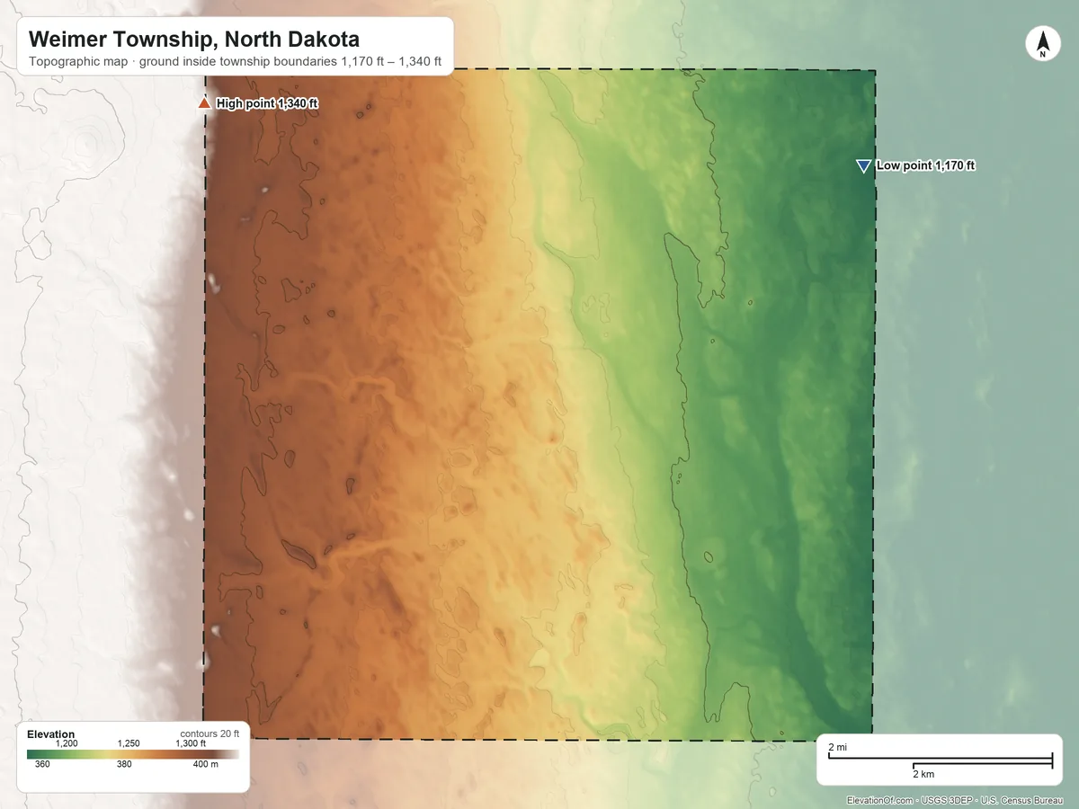 Topographic elevation map of Weimer Township, North Dakota, shaded from 1,170 ft on the northeast side to 1,340 ft on the northwest side