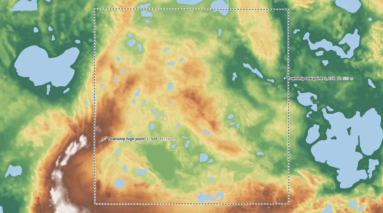 Topographic elevation map of Weiser Township, North Dakota, shaded from 1,750 ft on the northeast side to 1,940 ft on the northwest side