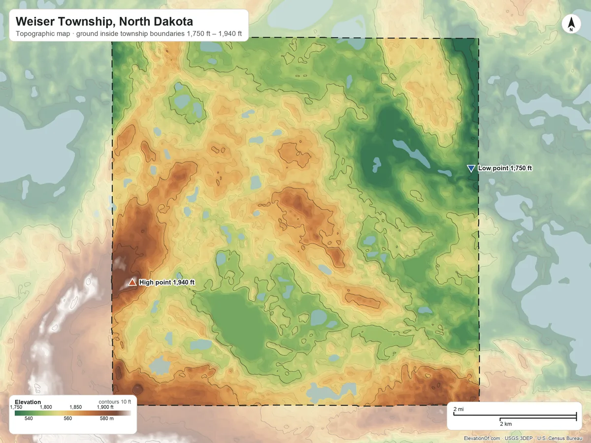 Topographic elevation map of Weiser Township, North Dakota, shaded from 1,750 ft on the northeast side to 1,940 ft on the northwest side