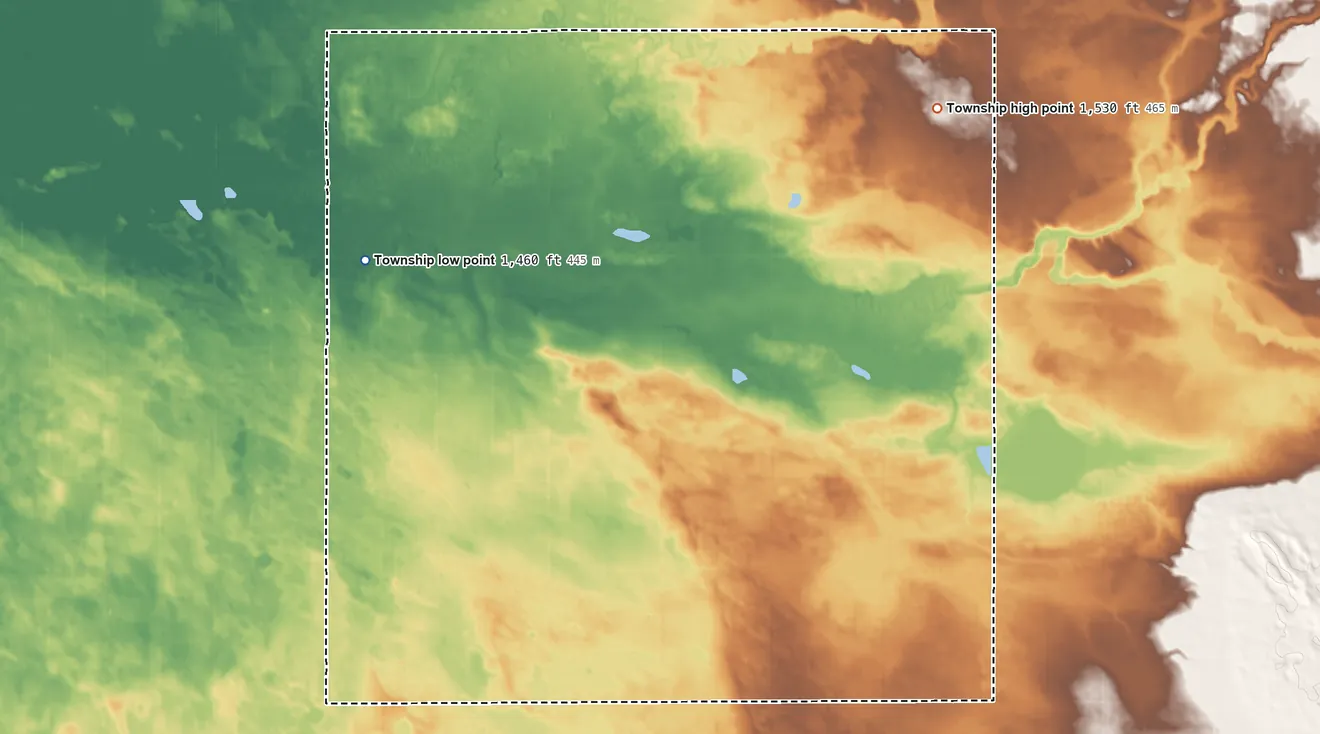 Topographic elevation map of Wellington Township, North Dakota, shaded from 1,460 ft on the west side to 1,530 ft on the northeast side