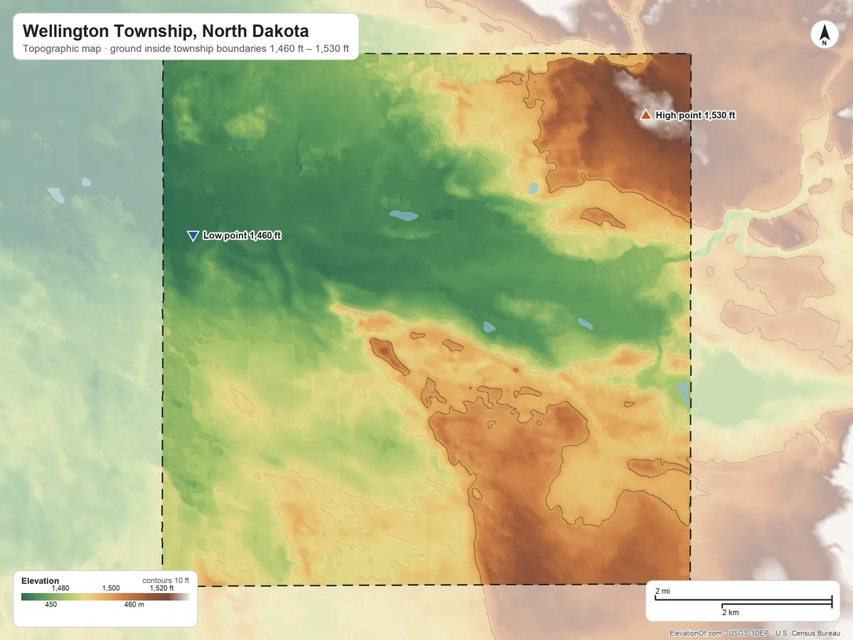 Topographic elevation map of Wellington Township, North Dakota, shaded from 1,460 ft on the west side to 1,530 ft on the northeast side