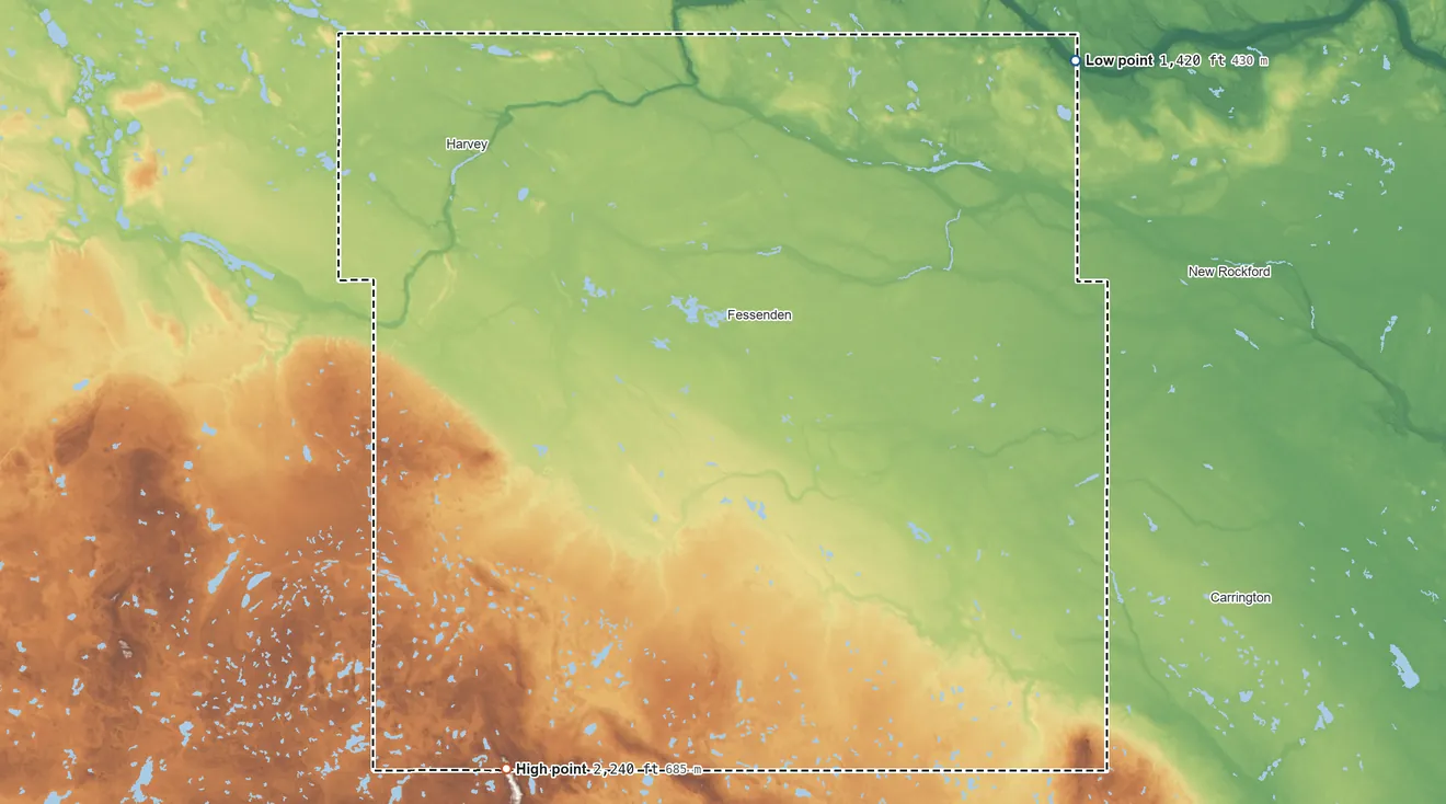Topographic elevation map of Wells County, North Dakota, shaded from 1,420 ft on the northeast side to 2,240 ft on the southwest side