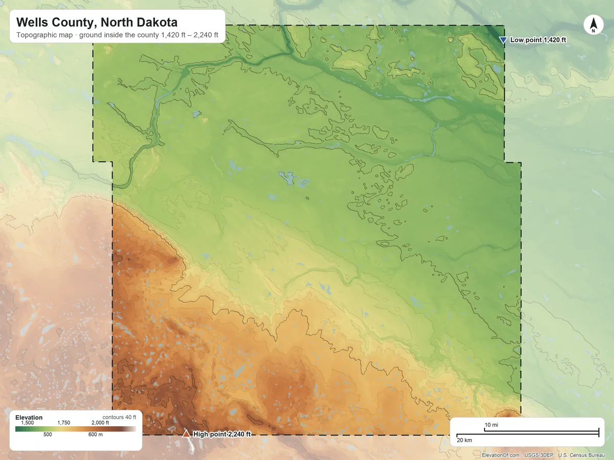 Topographic elevation map of Wells County, North Dakota, shaded from 1,420 ft on the northeast side to 2,240 ft on the southwest side