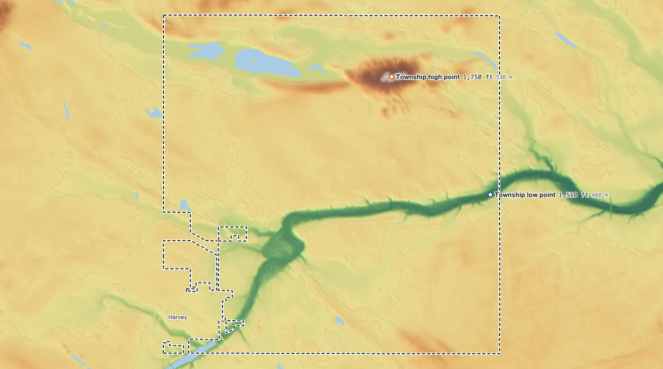 Topographic elevation map of Wells Township, North Dakota, shaded from 1,510 ft on the northeast side to 1,750 ft on Butte de Morale