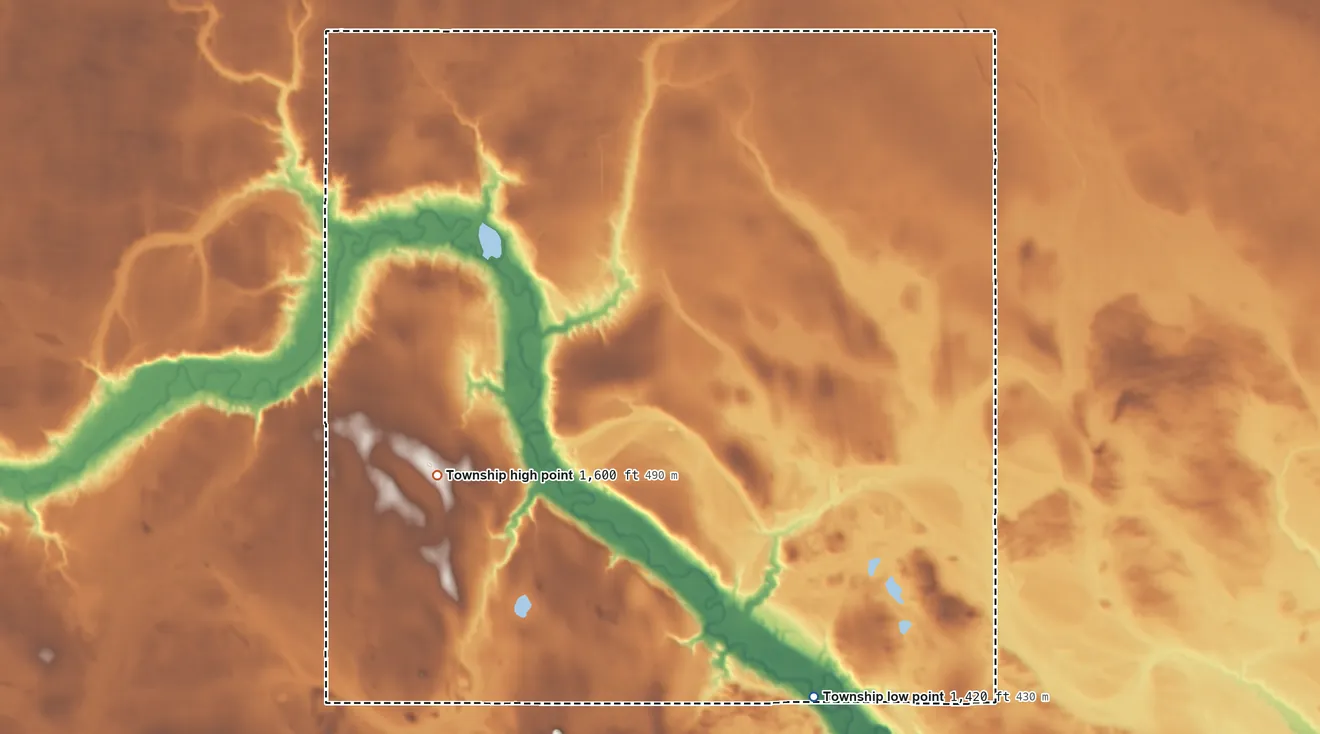 Topographic elevation map of West Antelope Township, North Dakota, shaded from 1,420 ft on the southeast side to 1,600 ft on the southwest side