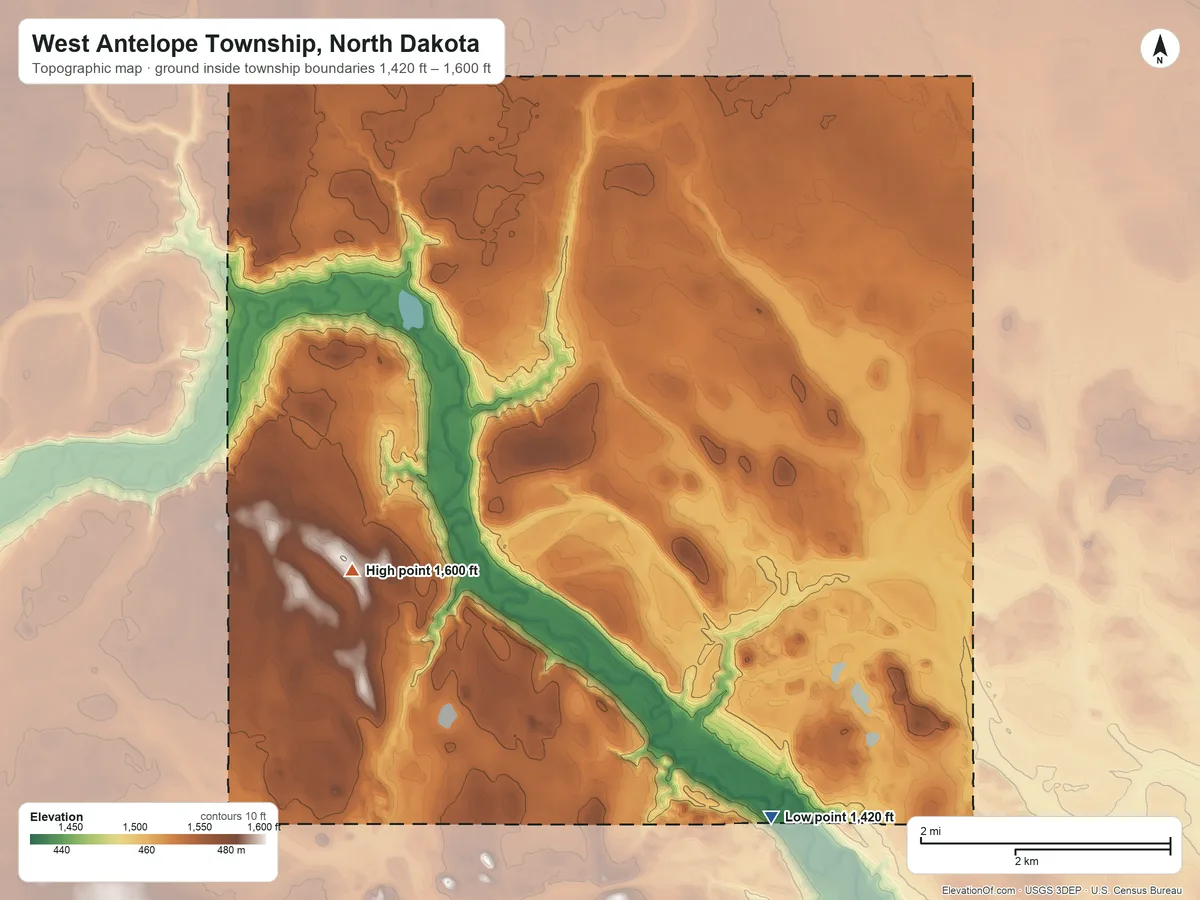Topographic elevation map of West Antelope Township, North Dakota, shaded from 1,420 ft on the southeast side to 1,600 ft on the southwest side