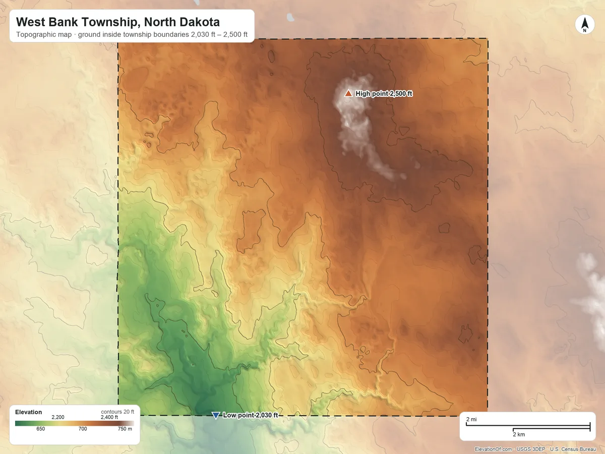 Topographic elevation map of West Bank Township, North Dakota, shaded from 2,030 ft on the southwest side to 2,500 ft on the north side