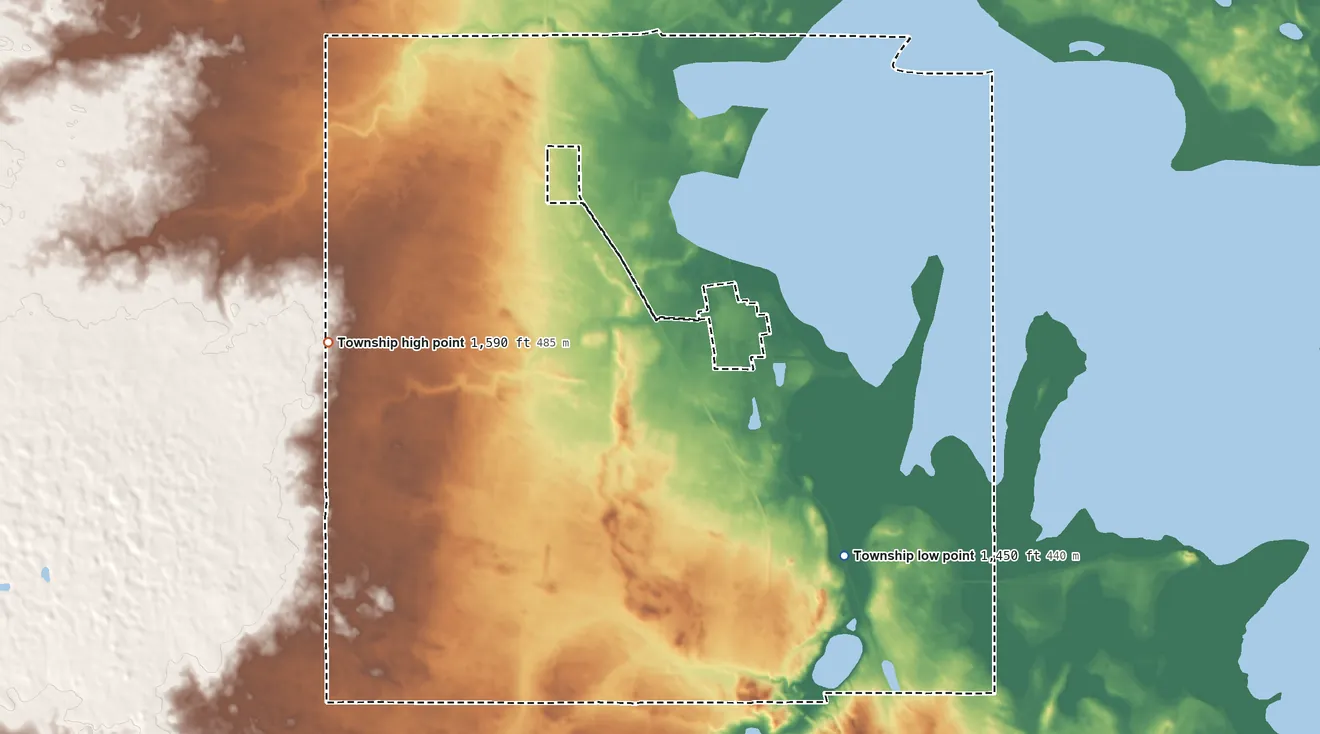 Topographic elevation map of West Bay Township, North Dakota, shaded from 1,450 ft on the southeast side to 1,590 ft on the west side
