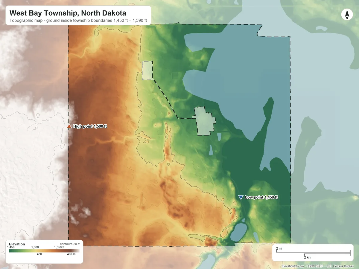 Topographic elevation map of West Bay Township, North Dakota, shaded from 1,450 ft on the southeast side to 1,590 ft on the west side